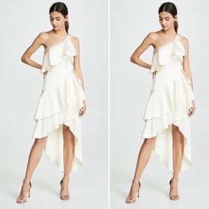 Haney Rae Silk One Shoulder Asymmetrical Tiered Midi Dress Ivory Size 4 Cocktail